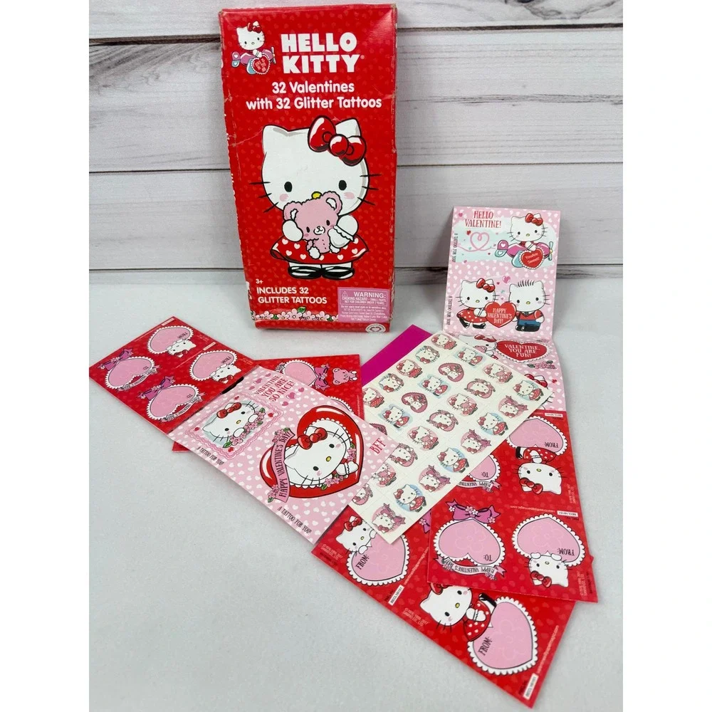 Hello Kitty Valentines 32 Cards & 32 Glitter Tattoos Sanrio 2017 Complete Set